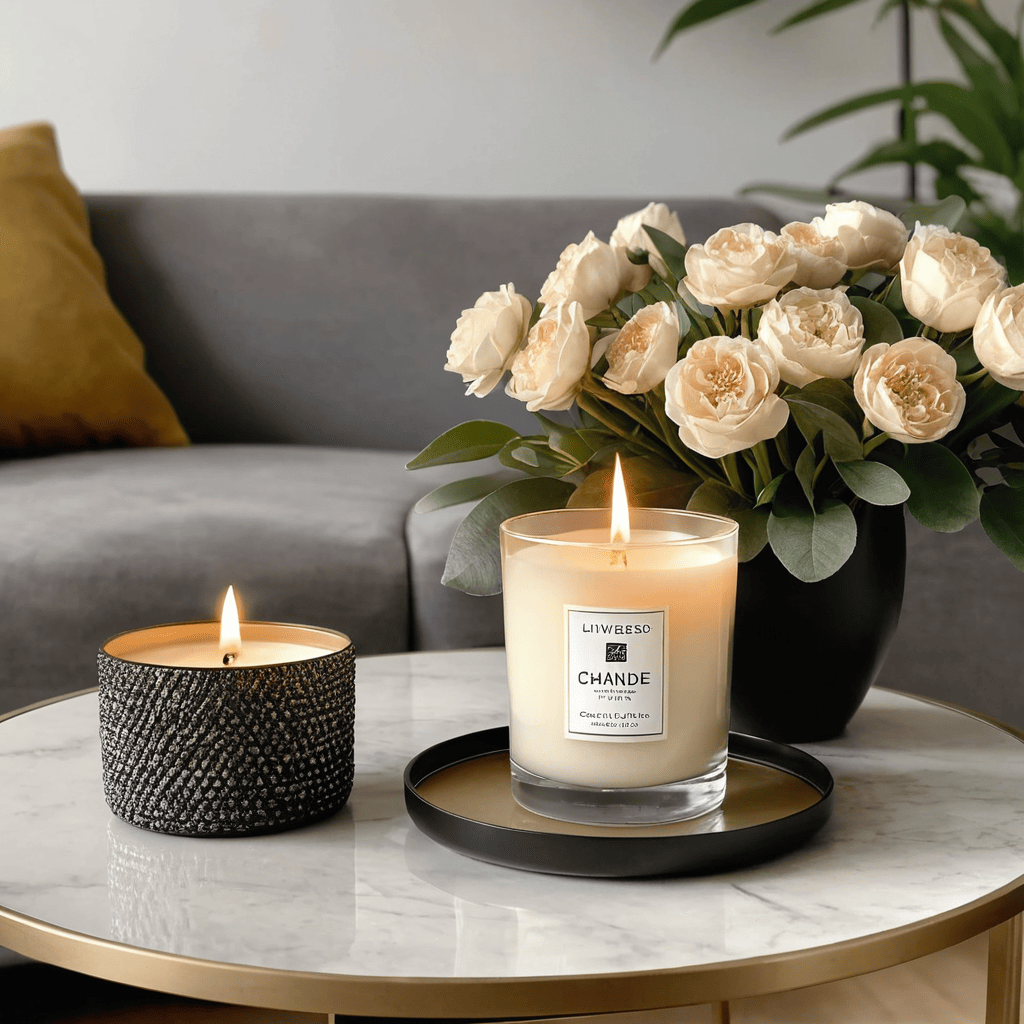  A close-up of lit candles on a wooden tray beside books or flowers.
