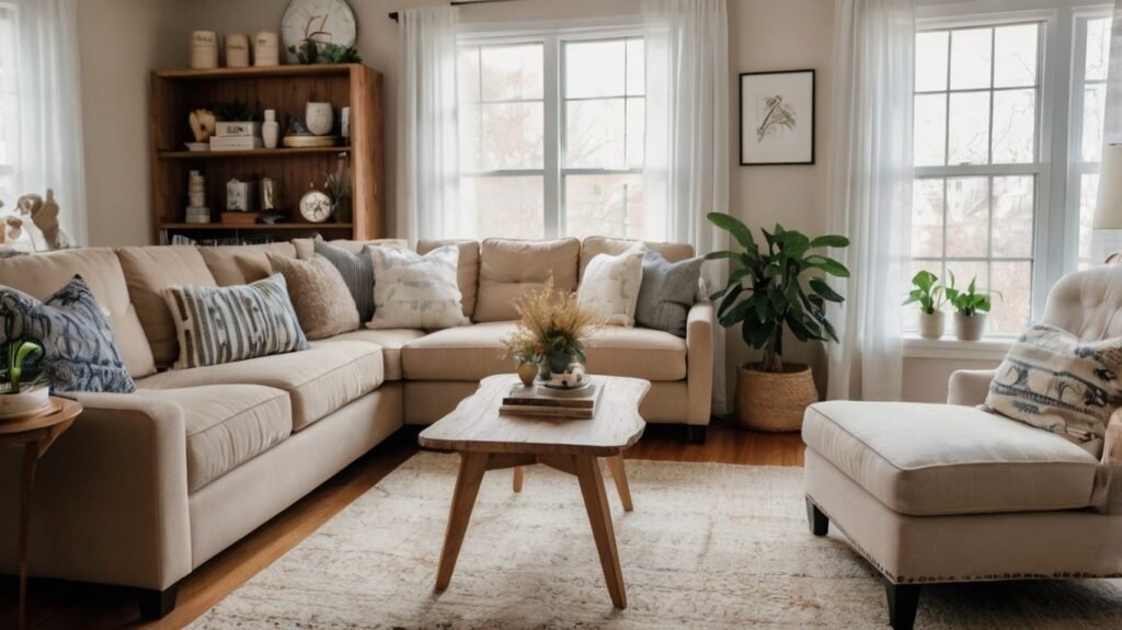A bright, stylish living room with neutral walls, thrifted furniture, and cozy textures styled beautifully on a budget.