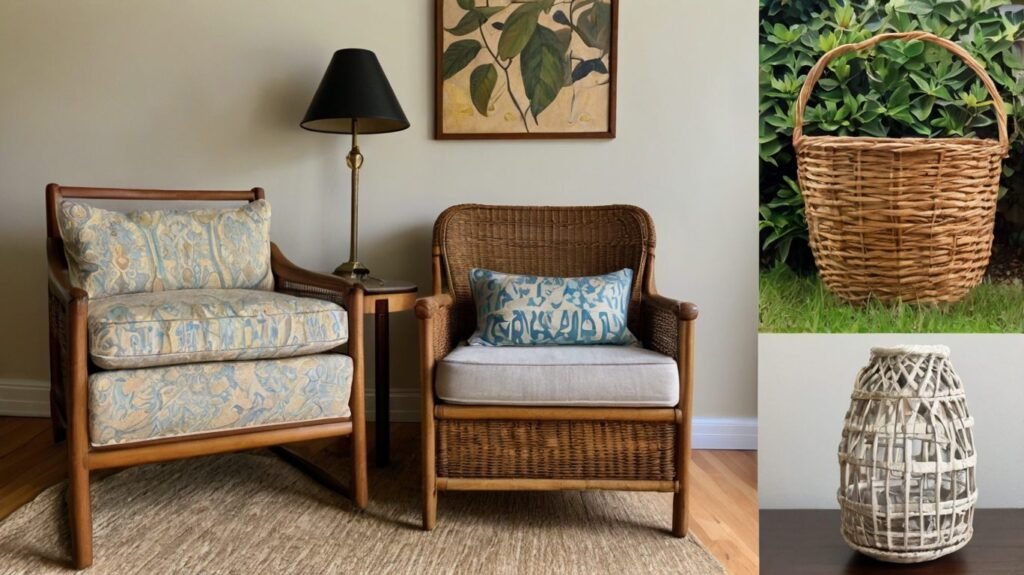 A collage of budget finds from thrift stores like lamps, chairs, and baskets.