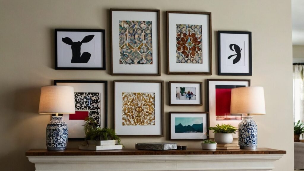 A cozy gallery wall made from DIY printable art and budget frames styled above a console.