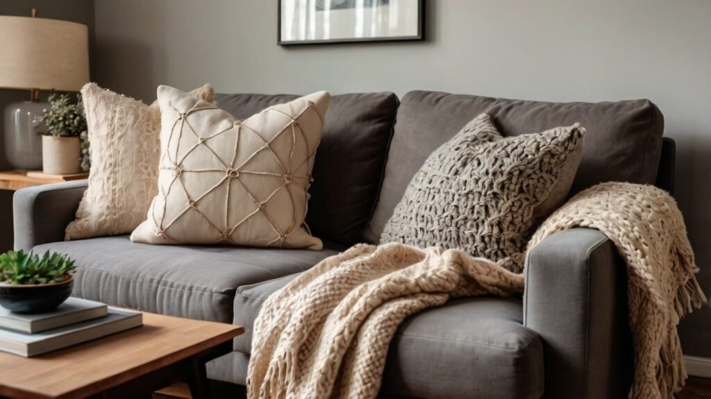 A styled sofa with budget-friendly throw pillows and a cozy throw blanket in a beautifully lit living room.