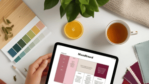 A hands-on workspace with a digital tablet showing a moodboard, surrounded by color swatches, fabric samples, and a cup of tea.
